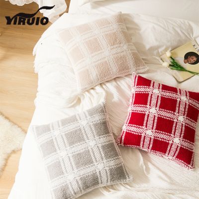 YIRUIO Stripe Plaid Knitted Cushion Cover 45x45cm Furry Hairy Sofa Pillow Case Gray Beige Red Bed Soft Warm Throw Pillow Cover