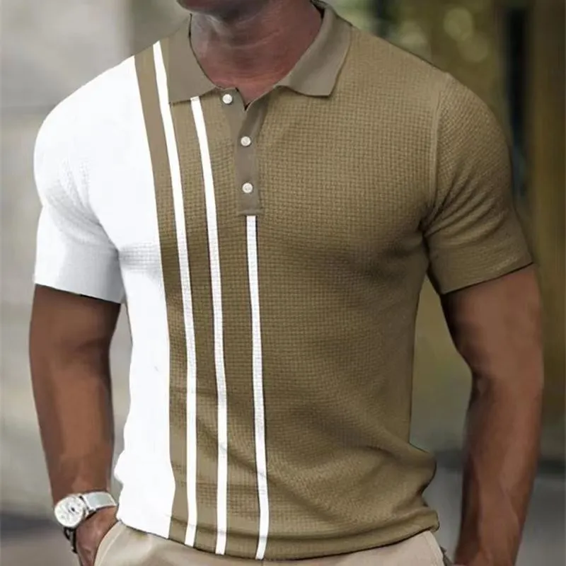 Men Fashion Casual Stripe 3D Print Polo Shirt , Men Oversize Sport Short  Sleeve Lapel Polo Shirt Tops , S-5XL .