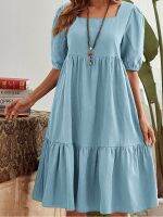 Womens 2023 Summer Midi Dress Lantern Sleeve Square Neck Dress Pure Color Flowy Party Chinese Casual Daywear