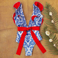 Swimsuit 2021 Blue and white porcelain printing Swimwear Women Shoulder Ruffle Bathing Suit Beachwear Monokini Swim