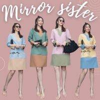 ?ป้าย Mirrorsister 10628.6 เดรสทรงคอผ่า ตัดต่อเล่นสี 2 โทน สลับต่อช่วงคอ ปลายแขนและชายกระโปรง