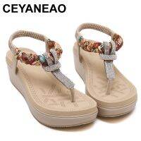 CEYANEAO แฟชั่นแพลตฟอร์มรองเท้าแตะสำหรับผู้หญิงโบฮีเมียรองเท้าแตะชายหาด Rhinestone T-Strap ผู้หญิงรองเท้าแตะรองเท้าผู้หญิง Plus ขนาด BZT704 ~