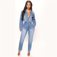 2022 Autumn Winter Fashion High Stretch Cotton Skiny Full Length Jeans Jumpsuit Women Long Sleeve Denim Jumpsuits Romper Overall