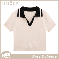 DMYP เสื้อครอปเสื้อยืดถักปกแขนสั้นสีตัดกันสำหรับฤดูร้อนผู้หญิงสไตล์เพรพพี้