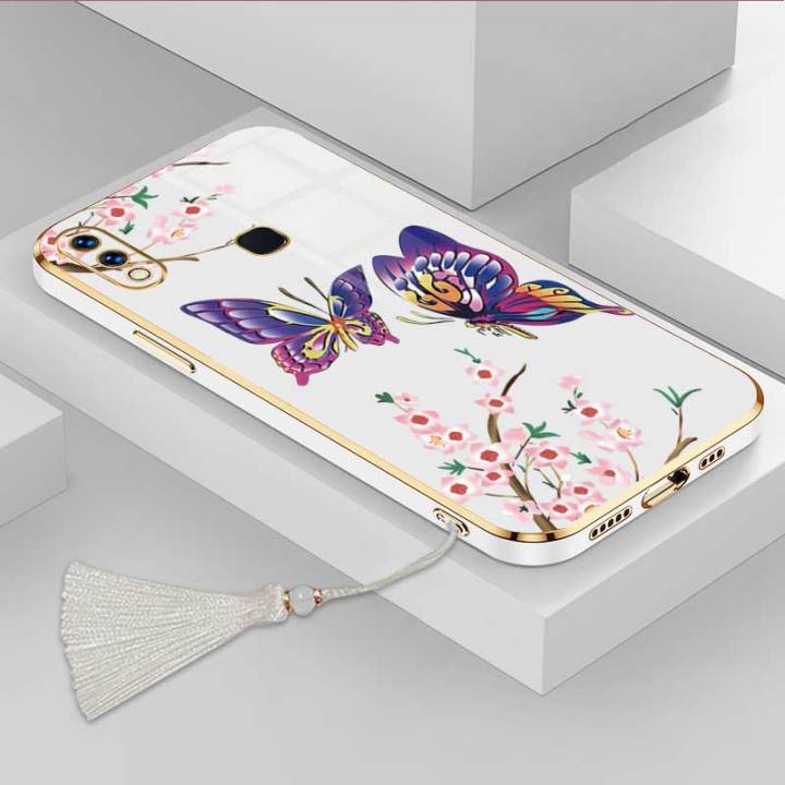 เคสสำหรับ-vivo-y91-y91i-y95หรูหราผีเสื้อที่สวยงามด้วยดอกไม้ป้องกันโทรศัพท์เคสซิลิโคนนิ่มขอบชุบฟรีสายคล้อง