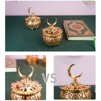 Ramadan Cone Incense Burner Holder with Moon Shape Lid Arab Hollow Metal Tray Eid Mubarak Tealight Candle Censer Decor