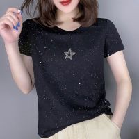 COD DSFERTRETRE Ice silk short sleeve T-shirt womens station 2021 womens Trendy bronzing black versatile top womens Trendy冰丝短袖t恤女站2022女装时尚烫金黑色百搭上衣女潮fenyu90.sg