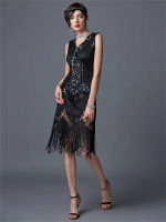 KKWomen S 1920S V-Neck Sequin Fringed Sleeveless Party เครื่องแต่งกาย Vintage Flapper Gatsby พู่ Evening Midi Dressq11