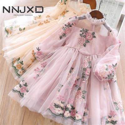 NNJXD 3-8 Years Princess Lace Dress Embroidered Rose Flower Dress Floral Tulle Dress Baby Girl Flower Korean Puff Sleeve Skirt Tulle Sun Flower Dress Princess Wedding Party