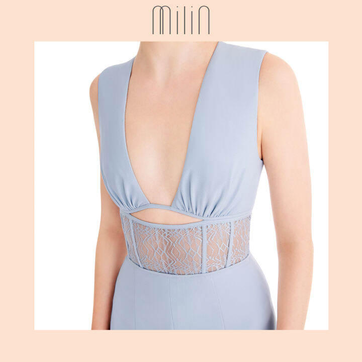 milin-ruched-under-bust-detail-sleeveless-v-neck-long-dress-เดรสยาวแขนยาวคอวี-ดีเทลแต่งรูดใต้อกดีเทลแต่งลูกไม้โปร่ง-และเส้นกุ๊น-diadasia-dress