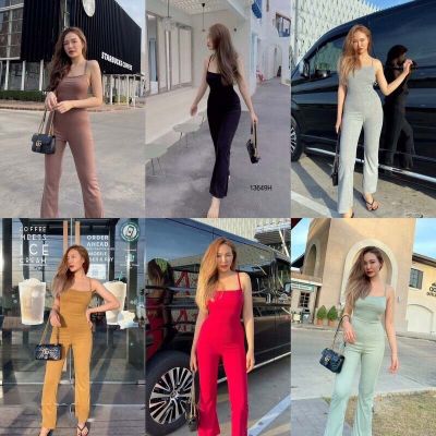 Jumpsuit จั้มสุทสายเดี่ยวไขว้หลังขายาว สีพื้น