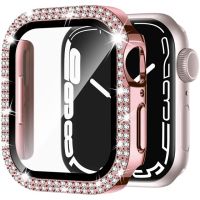 เคสโทรศัพท์ติดเพชรเคสสำหรับ Apple Watch Series 7 3 4 5 6 Se,เคสกระจกปกป้องหน้าจอบัมเปอร์แบบระยิบระยับขนาด45มม. 41มม. 44มม. 40มม. 42มม. 38มม.