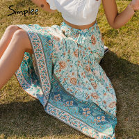 Simplee 2021 Green bohemian print woman skirts casual printed holiday long skirt spring summer elegant ladies printed bottoms