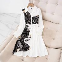 Plus Size Womens Long Sleeved Patchwork White Black Midi Dress Ladies Elegant Office-wear Female Dresses