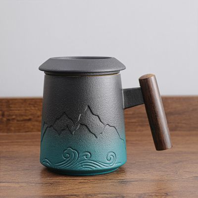 Top Ceramic Retro Coffee Cup Office Water Cup Filter Tea Cup with Cover Cup and Mugs Wooden Handle Caneca Birthday Gift BoxCM061