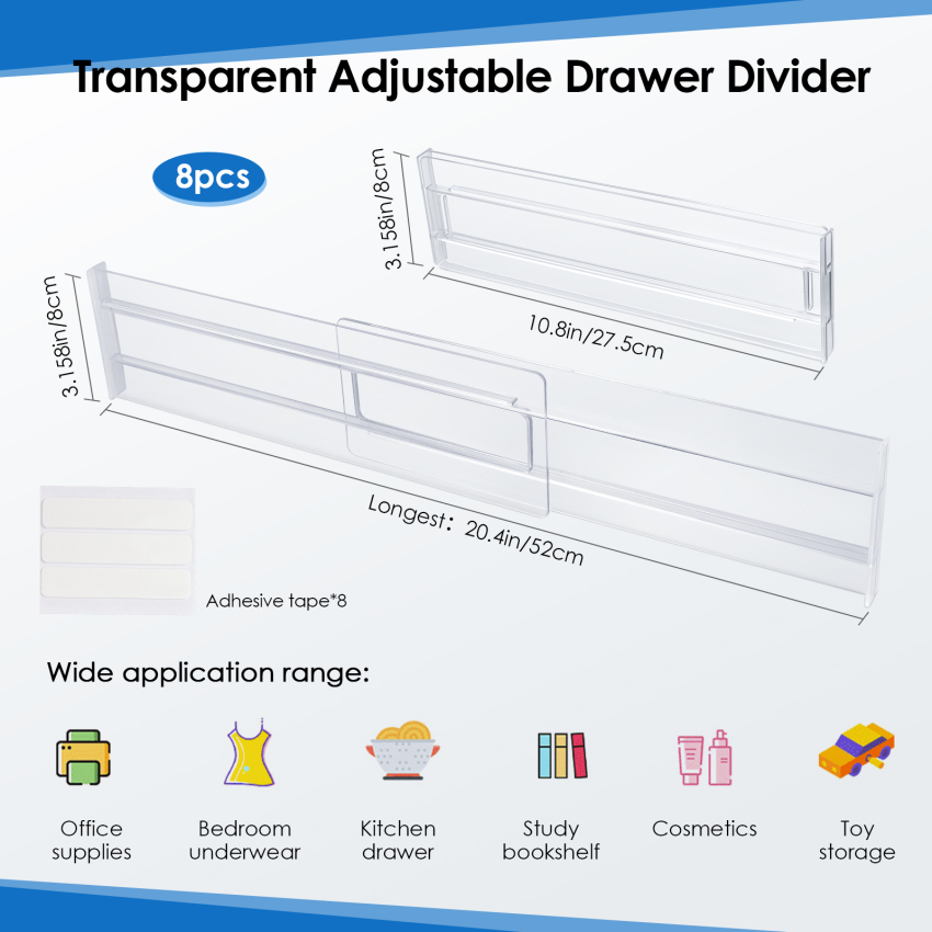 ⚡  8pcs ⚡ Drawer Dividers Drawer Organizer Divider Adjustable Extendable Plastic Kitchen Drawer Dividers Makeup Organizer Drawer Dividers for Clothes Kitchen Bathroom Baby Drawer