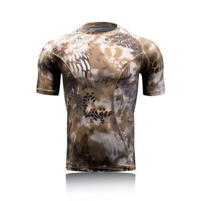 ：“{—— Camouflage Army Military Tactical Shirt Hiking Compression T-Shirt Quick Dry  Men Outdoor Sports Short Sleeve Hunting Shirts
