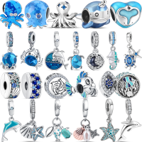 925 เงิน Murano Glass Blue Octopus Crab Dolphin Starfish Shell Sea คลิปลูกปัด Fit Pandora Charm สร้อยข้อมือผู้หญิงเครื่องประดับ-Jiieu