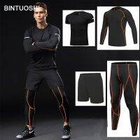 BINTUOSHI 4 pieces Dry Fit Compression Tracksuit Fitness Tight Running Set T-shirt Legging Mens Sportswear Gym Sport Suit