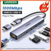 UGREEN ฮับ USB3.0 USB อะแดปเตอร์อีเทอร์เน็ต1000/100Mbps RJ45สายแลนสำหรับแล็ปท็อป PC เหมาะสำหรับ Xiaomi กล่อง Mi Macbook Windows การ์ดเน็ตเวิร์กฮับ USB-C