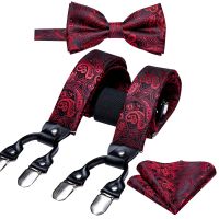 Suspender for Men Solid Red Silk Bowtie Set Cufflinks Elastic Wedding Suspender 6 Clips Bow Tie for Christmas Party Barry.Wang Boys Clothing