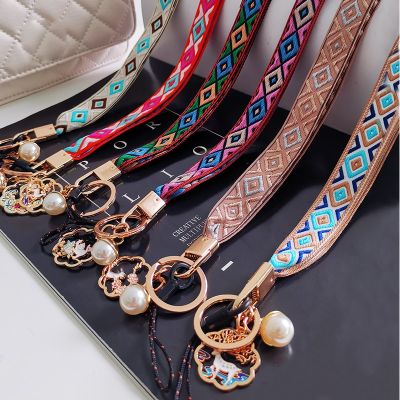 Vintage Mobile Phone Straps Anti-lost Boho Plaid Fabric Lanyard Neck Cord Hanging for Mobile Phone Case ID Card Accessories Gift Key Chains