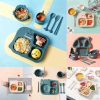 [Superseller] Ready Stock 6-piece Set Of Children Baby Cartoon Anti-fall Grid Plate Food Supplement Tableware Utensil