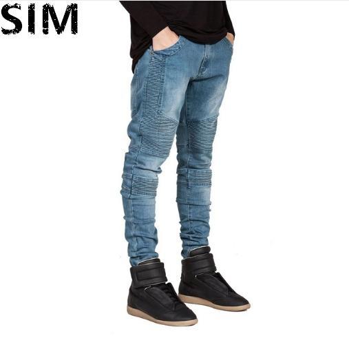 SIM Men Jeans Runway Slim Racer Biker Jeans Fashion Hiphop Skinny Jeans