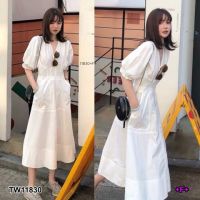 B11830 แม็กซี่เดรสคอวีแขนตุ๊กตา V-neck maxi dress with doll sleeves