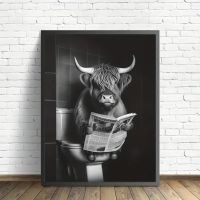 2023☁ Cute and Funny Poster Cow on a Toilet Canvas Painting Bubble Bath and Wine Prints Black and White Wall Art Home Bathroom Decor