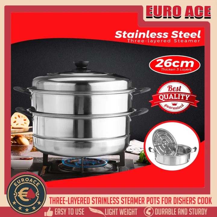 EURO ACE Stainless Steel Multifunctional 3 Layers Steamer Cookware
