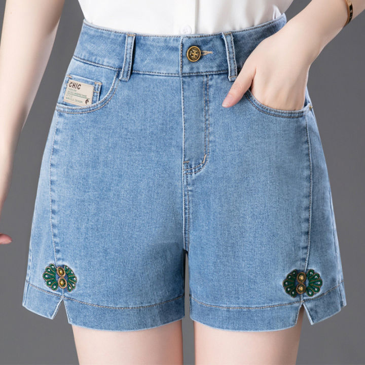 กางเกงขาสั้นผู้หญิงยีนส์ฤดูร้อนเอวสูง-2023-รุ่นใหม่ทรงหลวมใส่แล้วดูผอม-a-คำพูดกางเกงสี่ส่วนแบบบางกางเกงใส่ด้านนอกอินเทรนด์-ins