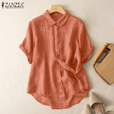 (สินค้ามาใหม่)(จัดส่งฟรี)Fancystyle ZANZEA เสื้อลำลองติดกระดุมสำหรับผู้หญิงเสื้อเดรสคอปกแขนสั้นพื้นวินเทจทรงหลวมเสื้อต่ำสูง #2