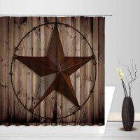 Rustic Wooden Shower Curtain Texas Star Barn Door Wooden Plank Western Retro Farmhouse Decor Fabric Bathroom Curtain with Hooks