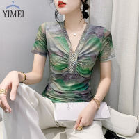 YIMEI เสื้อตาข่ายคอวีปักลูกปัดสำหรับผู้หญิง,เสื้อเสื้อยืดพิมพ์ลายแขนสั้นสำหรับแฟชั่นของผู้หญิงเข้ารูปพอดีฤดูร้อน