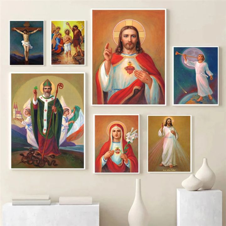 ศาสนาวินเทจศิลปะผ้าใบ-หัวใจศักดิ์สิทธิ์ของพระเยซูและศักดิ์สิทธิ์แม่คาทอลิกพิมพ์โปสเตอร์สำหรับบ้านตกแต่งผนัง