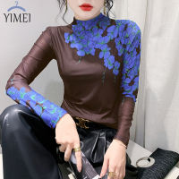 YIMEI แขนยาวเสื้อยืดพิมพ์ลายผ้าตาข่ายคอสูงสำหรับฤดูใบไม้ร่วง2023แฟชั่นของผู้หญิง