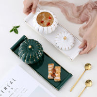 Nordic Colorful Pumpkin Bowl Luxury Ceramic Golden Rim Stew Pot with Lid and Tray Soup Cup Outline In Gold Bowls and Plates