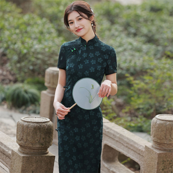 2022ชีฟองปรับปรุง-cheongsam-young-high-end-อารมณ์กลางความยาวสาวสีเขียว-fairy-dress