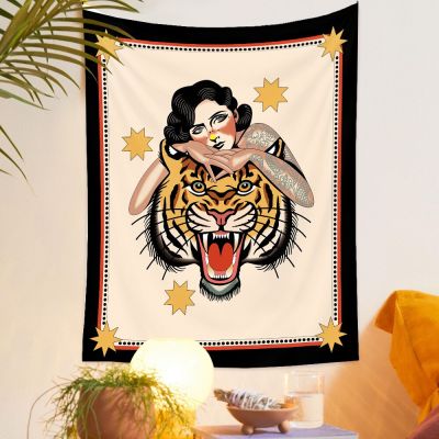 Woman And Tiger Tapestry Wall Hanging Sexy Tattoo Girl Tapestries Modern Art Aesthetic Room Decor Bedroom Sofa Blanket Yoga Mat Tapestries Hangings
