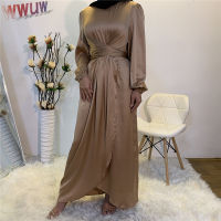 Women Arab Muslim Satin Puff Long Sleeve Maxi Dress Solid Wrap Front Self-Tie Abaya Dubai Turkey Hijab Robe Kaftan Elegant Robes