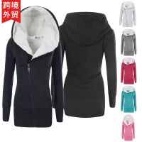 [COD] Cross-border European size womens winter thickened polar fleece mid-length hooded slim zipper casual sweater to keep warm for foreign trade