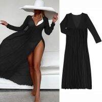 FN946N Sexy Bikini Cover-ups Long Black Tunic Casual Summer Beach Dress Women Clothes Sexy V-Neck Split Beach Wear Swim Suit C