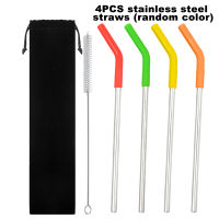 4pcs Cocktails Curved Bend Cleaning Brush Silicone Tip Random Color Long Water Bottle Softy Smoothies Metal Drinking Travel Reusable Cloth Bag Dishwasher Safe Stainless Steel Straw