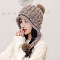 Wool Chapeau Womens Knitted Fleece-lined Cap Winter Protection Bomber Hat With Velvet Thickness Warm 3 Balls for Girls