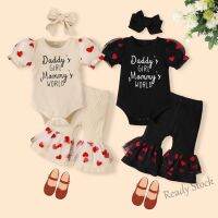 【hot sale】 ❅☊❄ C10 ViWorld Newborn fashion clothing baby girl round neck mesh bubble sleeve letter imprint pit belt romper mesh pants flare Butterfly Headband suit
