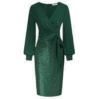 【jw】◇◄  Sequin Patchwork Ruched Sleeve V-Neck Defined Waist Bodycon With Prom Dresses