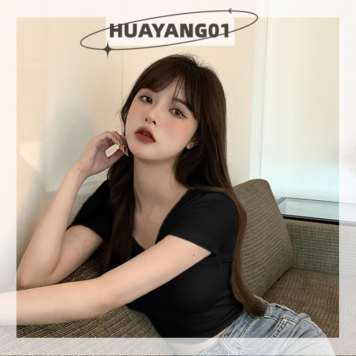 huayang01เสื้อยืดฤดูร้อนแขนสั้นผู้หญิง-คอกลมสุดเซ็กซี่สีทึบสลิมครอป