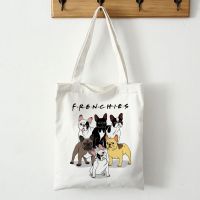 Frenchie French Bulldog พิมพ์นำมาใช้ใหม่ช้อปปิ้ง Tote ผ้าใบกระเป๋าสะพายสตรีนักเรียนครูหนังสือกระเป๋าเดินทางนักช้อป