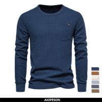 HOT11★ Waffle Cotton Solid Color T shirt for men Single Pocket Long Sleeve Men T-Shirts New Autumn Basic Breathable Tops Men